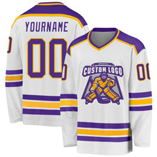 Load image into Gallery viewer, Custom White Purple-Gold Hockey Jersey
