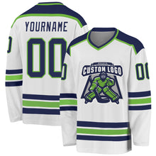 Load image into Gallery viewer, Custom White Navy-Neon Green Hockey Jersey
