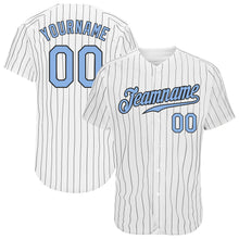 Load image into Gallery viewer, Custom White Black Pinstripe Light Blue-Black Authentic Baseball Jersey
