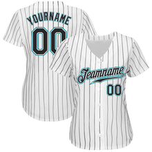 Load image into Gallery viewer, Custom White Black Pinstripe Black-Teal Authentic Baseball Jersey
