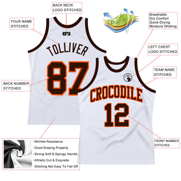 Custom White Brown-Orange Authentic Throwback Basketball Jersey