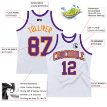 Load image into Gallery viewer, Custom White Purple-Bay Orange Authentic Throwback Basketball Jersey
