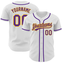 Load image into Gallery viewer, Custom White Purple-Gold Authentic Baseball Jersey
