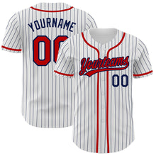 Load image into Gallery viewer, Custom White Navy Pinstripe Red Authentic Baseball Jersey
