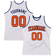 Load image into Gallery viewer, Custom White Orange Pinstripe Orange-Navy Authentic Basketball Jersey
