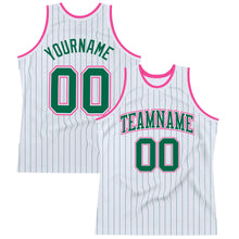 Load image into Gallery viewer, Custom White Kelly Green Pinstripe Kelly Green-Pink Authentic Basketball Jersey
