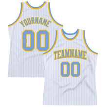 Load image into Gallery viewer, Custom White Light Blue Pinstripe Light Blue-Gold Authentic Basketball Jersey
