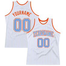 Load image into Gallery viewer, Custom White Light Blue Pinstripe Light Blue-Orange Authentic Basketball Jersey
