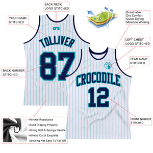 Custom White Teal Pinstripe Navy Authentic Basketball Jersey