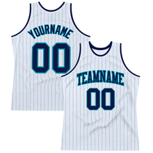 Load image into Gallery viewer, Custom White Teal Pinstripe Navy Authentic Basketball Jersey
