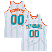 Load image into Gallery viewer, Custom White Teal Pinstripe Teal-Orange Authentic Basketball Jersey
