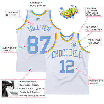 Custom White Light Blue-Gold Authentic Throwback Basketball Jersey