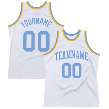 Custom White Light Blue-Gold Authentic Throwback Basketball Jersey