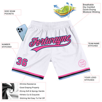 Custom White Pink Black-Light Blue Authentic Throwback Basketball Shorts