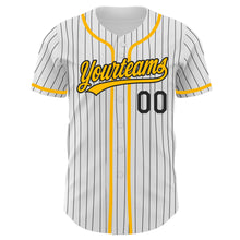 Load image into Gallery viewer, Custom White Black Pinstripe Gold Authentic Baseball Jersey
