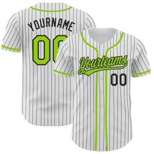 Load image into Gallery viewer, Custom White Black Pinstripe Neon Green Authentic Baseball Jersey
