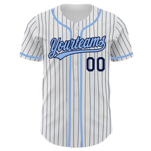 Load image into Gallery viewer, Custom White Navy Pinstripe Light Blue Authentic Baseball Jersey
