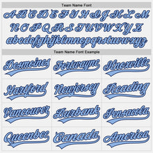 Load image into Gallery viewer, Custom White Navy Pinstripe Light Blue Authentic Baseball Jersey
