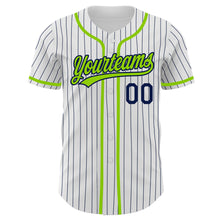 Load image into Gallery viewer, Custom White Navy Pinstripe Neon Green Authentic Baseball Jersey
