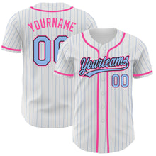 Load image into Gallery viewer, Custom White Light Blue Pinstripe Light Blue Black-Pink Authentic Baseball Jersey

