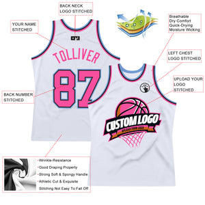 Custom White Pink Black-Light Blue Authentic Throwback Basketball Jersey