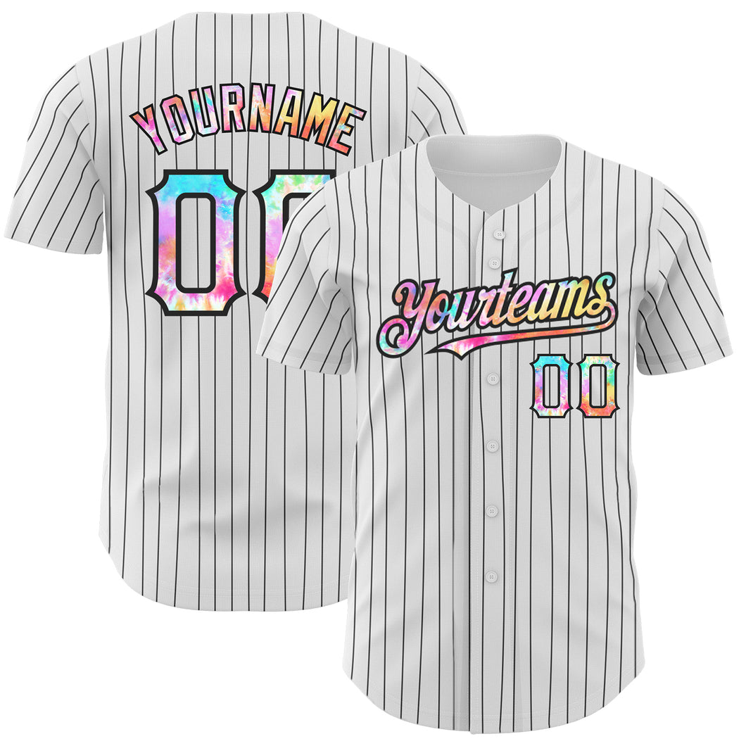 Custom White Black Pinstripe Tie Dye Authentic Baseball Jersey