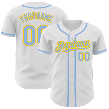 Custom White Light Blue-Yellow Authentic Baseball Jersey