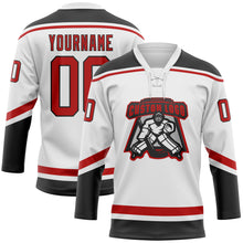 Load image into Gallery viewer, Custom White Red-Black Hockey Lace Neck Jersey
