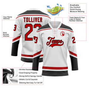 Custom White Red-Black Hockey Lace Neck Jersey