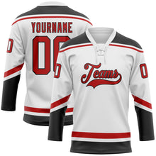 Load image into Gallery viewer, Custom White Red-Black Hockey Lace Neck Jersey
