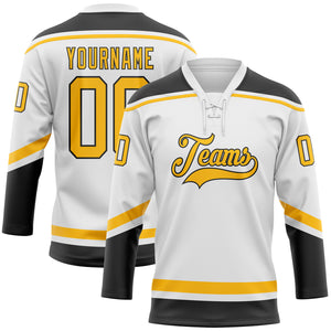 Custom White Gold-Black Hockey Lace Neck Jersey