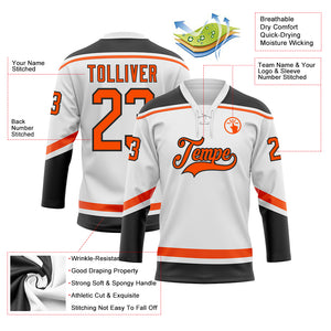 Custom White Orange-Black Hockey Lace Neck Jersey