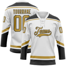 Load image into Gallery viewer, Custom White Old Gold-Black Hockey Lace Neck Jersey
