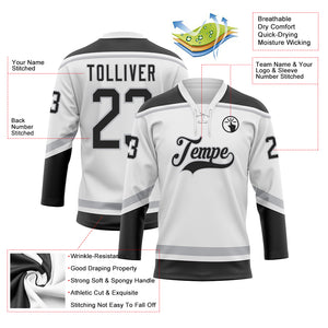 Custom White Black-Gray Hockey Lace Neck Jersey