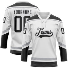 Load image into Gallery viewer, Custom White Black-Gray Hockey Lace Neck Jersey
