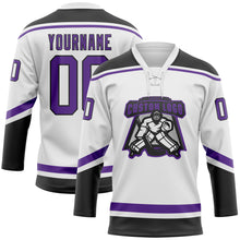 Load image into Gallery viewer, Custom White Purple-Black Hockey Lace Neck Jersey
