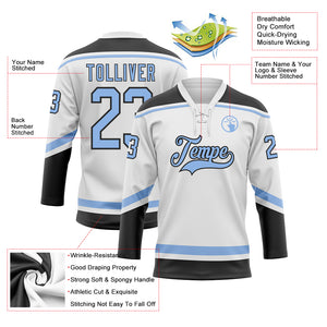 Custom White Light Blue-Black Hockey Lace Neck Jersey