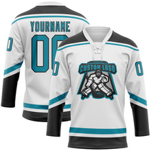 Load image into Gallery viewer, Custom White Teal-Black Hockey Lace Neck Jersey
