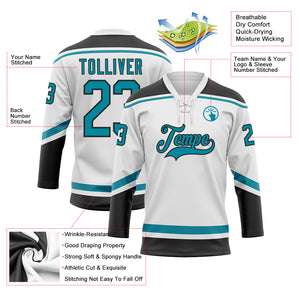 Custom White Teal-Black Hockey Lace Neck Jersey