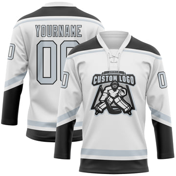 Custom White Silver-Black Hockey Lace Neck Jersey