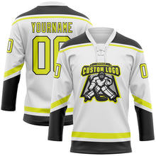 Load image into Gallery viewer, Custom White Neon Yellow-Black Hockey Lace Neck Jersey
