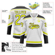 Load image into Gallery viewer, Custom White Neon Yellow-Black Hockey Lace Neck Jersey
