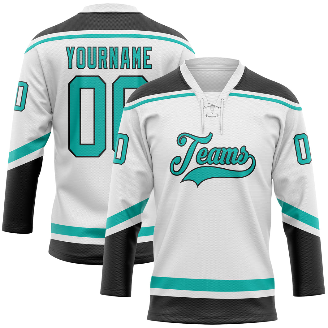 Custom White Aqua-Black Hockey Lace Neck Jersey