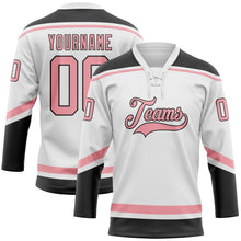 Load image into Gallery viewer, Custom White Medium Pink-Black Hockey Lace Neck Jersey
