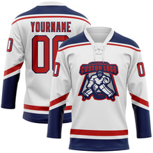 Load image into Gallery viewer, Custom White Red-Navy Hockey Lace Neck Jersey
