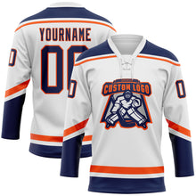 Load image into Gallery viewer, Custom White Navy-Orange Hockey Lace Neck Jersey
