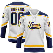 Load image into Gallery viewer, Custom White Navy-Gold Hockey Lace Neck Jersey
