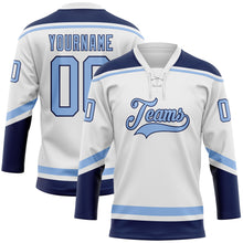 Load image into Gallery viewer, Custom White Light Blue-Navy Hockey Lace Neck Jersey
