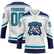 Load image into Gallery viewer, Custom White Teal-Navy Hockey Lace Neck Jersey
