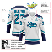 Load image into Gallery viewer, Custom White Teal-Navy Hockey Lace Neck Jersey
